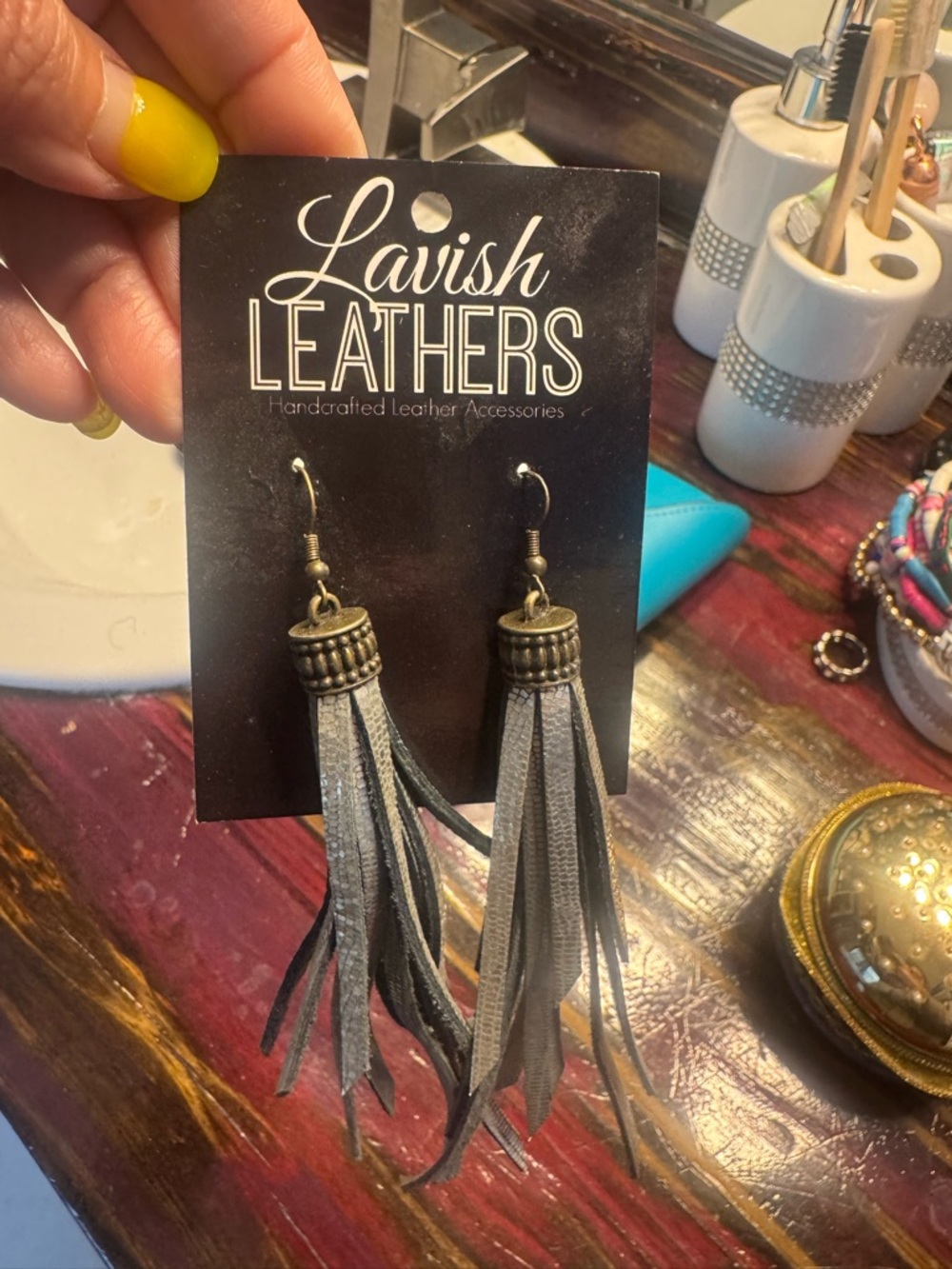 Gray Leather Tassel Earrings with Antique Gold Accents